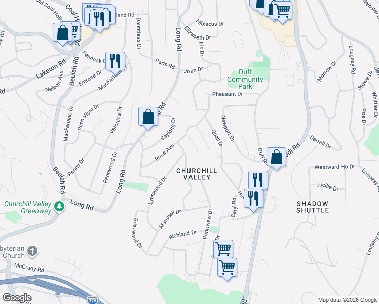 map of restaurants, bars, coffee shops, grocery stores, and more near 129 Marose Drive in Pittsburgh