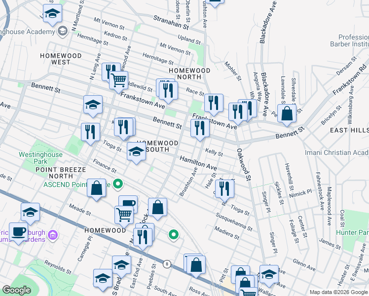 map of restaurants, bars, coffee shops, grocery stores, and more near 7626 Kelly Street in Pittsburgh