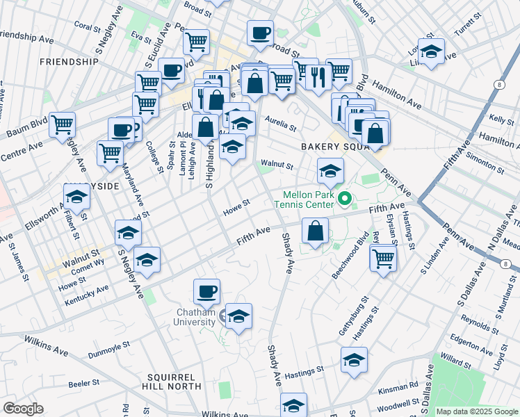 map of restaurants, bars, coffee shops, grocery stores, and more near 600 Shady Avenue in Pittsburgh