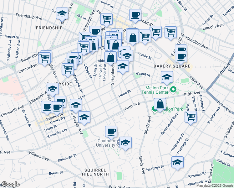 map of restaurants, bars, coffee shops, grocery stores, and more near in Pittsburgh