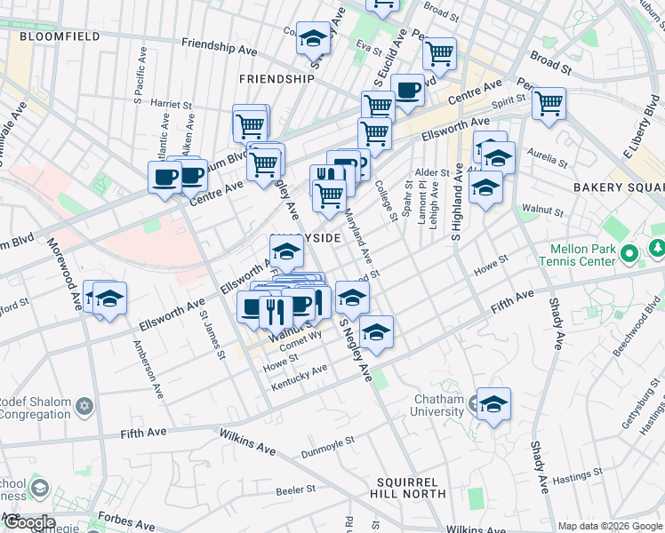 map of restaurants, bars, coffee shops, grocery stores, and more near 5611 Elmer Street in Pittsburgh