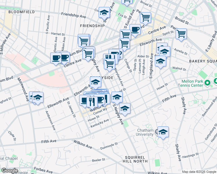 map of restaurants, bars, coffee shops, grocery stores, and more near 5611 Elmer Street in Pittsburgh