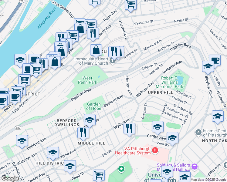 map of restaurants, bars, coffee shops, grocery stores, and more near 2908 White Street in Pittsburgh