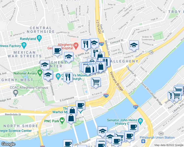 map of restaurants, bars, coffee shops, grocery stores, and more near 414 East Ohio Street in Pittsburgh