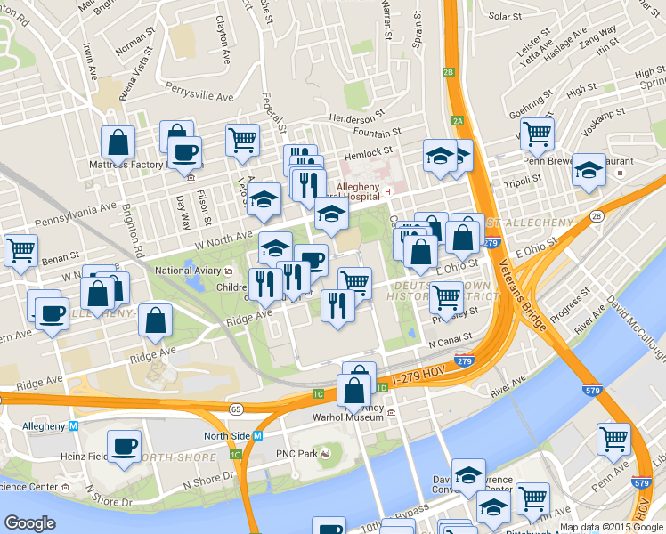 map of restaurants, bars, coffee shops, grocery stores, and more near 7 Allegheny Square East in Pittsburgh