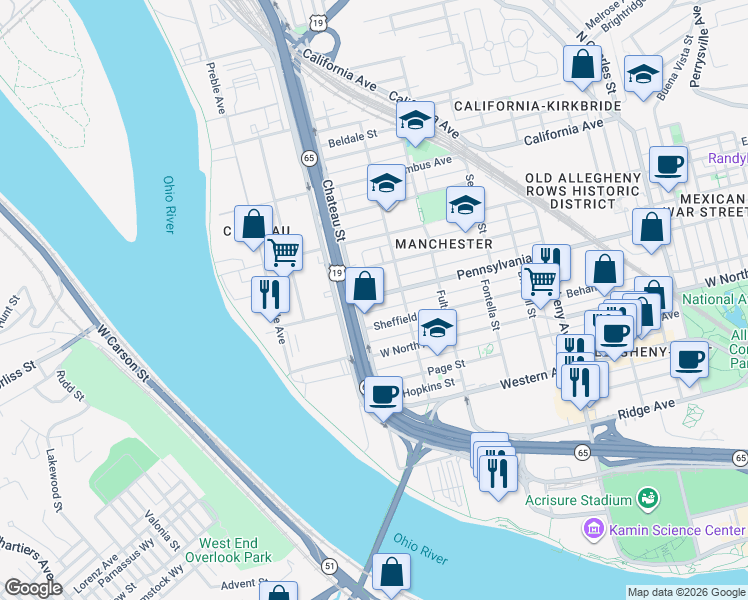 map of restaurants, bars, coffee shops, grocery stores, and more near 1300 Chateau Street in Pittsburgh