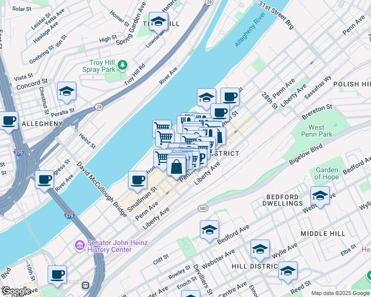 map of restaurants, bars, coffee shops, grocery stores, and more near 2 23rd Street in Pittsburgh