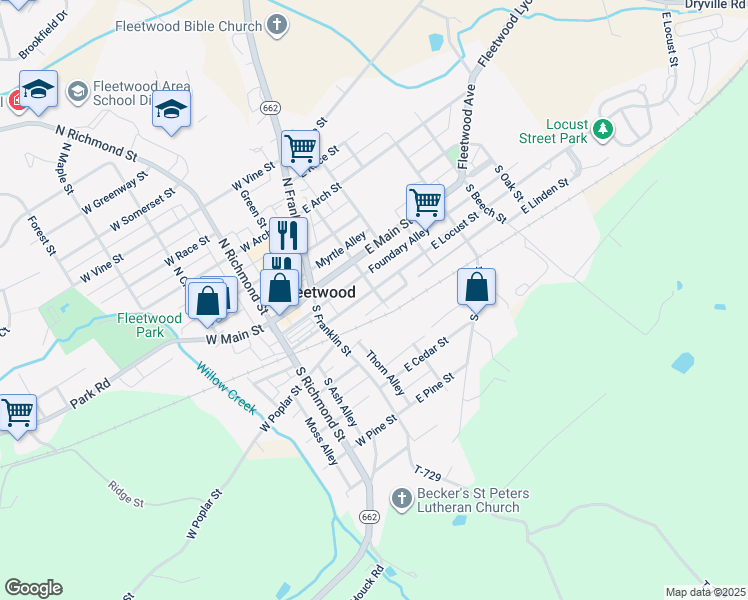 map of restaurants, bars, coffee shops, grocery stores, and more near 56 East Locust Street in Fleetwood