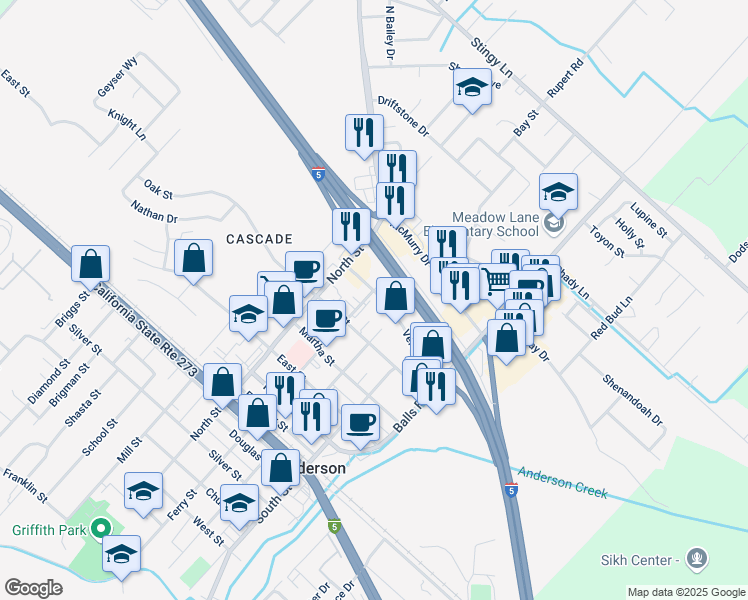 map of restaurants, bars, coffee shops, grocery stores, and more near 2355 Ferry Street in Anderson