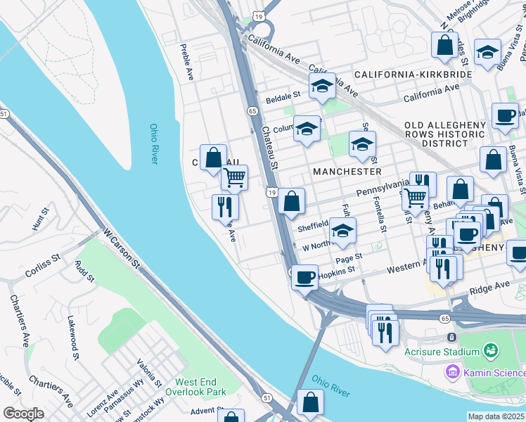 map of restaurants, bars, coffee shops, grocery stores, and more near 1425 Beaver Avenue in Pittsburgh