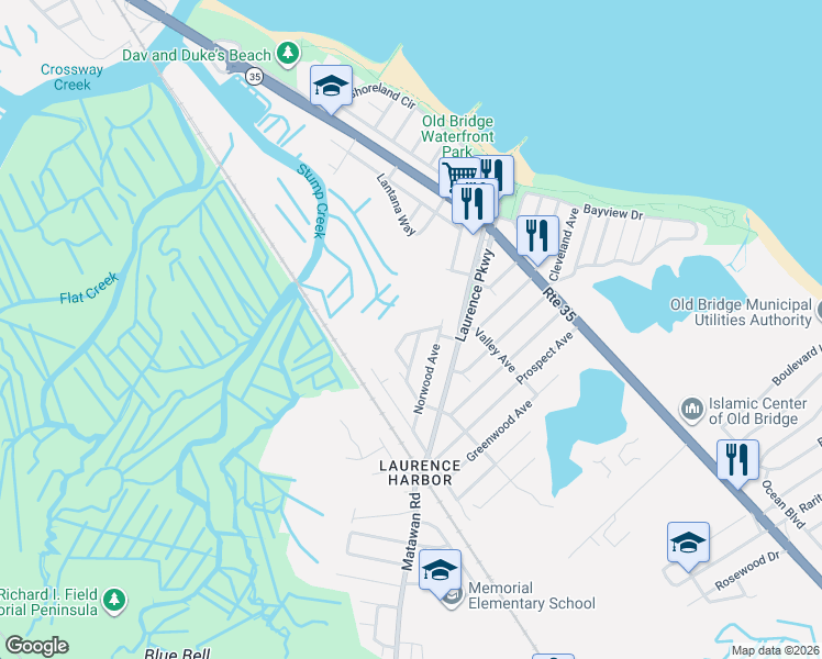 map of restaurants, bars, coffee shops, grocery stores, and more near 212 Hillcrest Avenue in Old Bridge