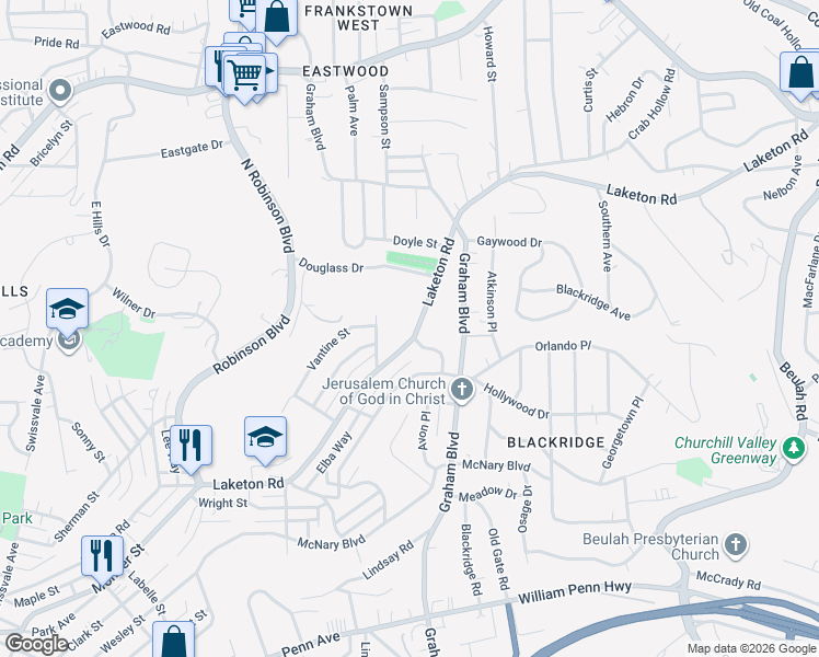 map of restaurants, bars, coffee shops, grocery stores, and more near 2308 Laketon Road in Pittsburgh