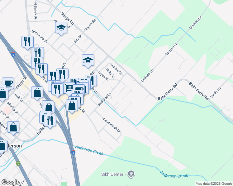 map of restaurants, bars, coffee shops, grocery stores, and more near 2800 Iris Street in Anderson