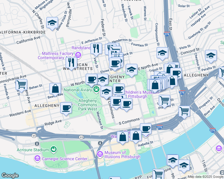 map of restaurants, bars, coffee shops, grocery stores, and more near 10 Children's Way in Pittsburgh