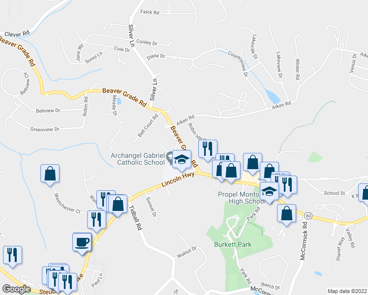 map of restaurants, bars, coffee shops, grocery stores, and more near 25 Beaver Grade Road in McKees Rocks