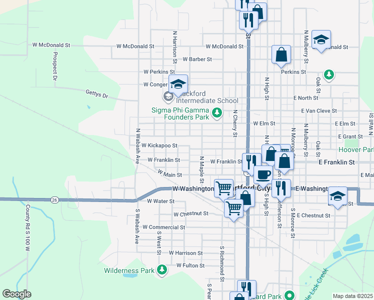 map of restaurants, bars, coffee shops, grocery stores, and more near 708 West Franklin Street in Hartford City