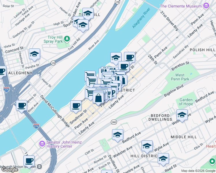 map of restaurants, bars, coffee shops, grocery stores, and more near 2301 Smallman Street in Pittsburgh