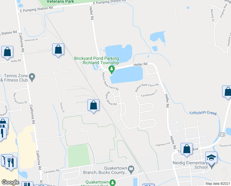 map of restaurants, bars, coffee shops, grocery stores, and more near 124 Horseshoe Drive in Quakertown