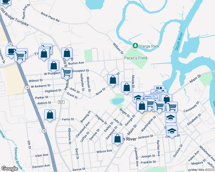 map of restaurants, bars, coffee shops, grocery stores, and more near 10 Rose Street in South River
