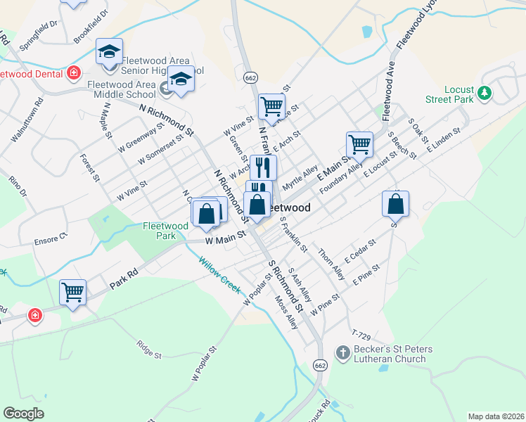 map of restaurants, bars, coffee shops, grocery stores, and more near 18 West Main Street in Fleetwood