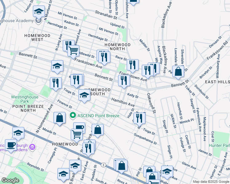 map of restaurants, bars, coffee shops, grocery stores, and more near 7626 Kelly Street in Pittsburgh