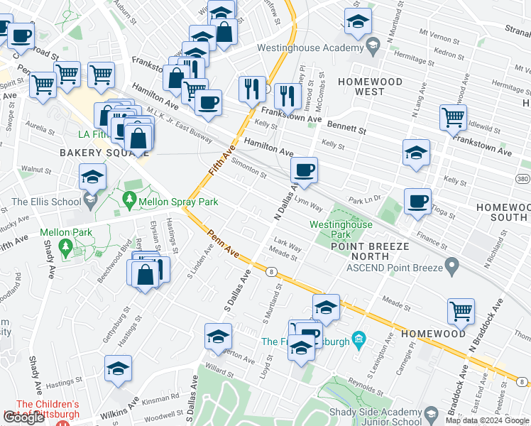 map of restaurants, bars, coffee shops, grocery stores, and more near 6822 Thomas Boulevard in Pittsburgh