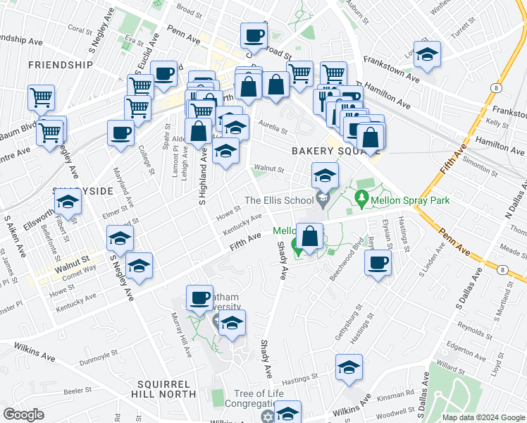 map of restaurants, bars, coffee shops, grocery stores, and more near 600 Shady Avenue in Pittsburgh