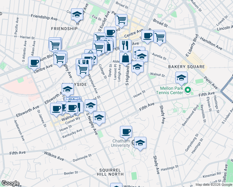 map of restaurants, bars, coffee shops, grocery stores, and more near 5841 Walnut Street in Pittsburgh