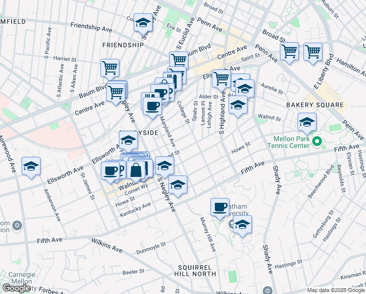 map of restaurants, bars, coffee shops, grocery stores, and more near 725 Maryland Avenue in Pittsburgh