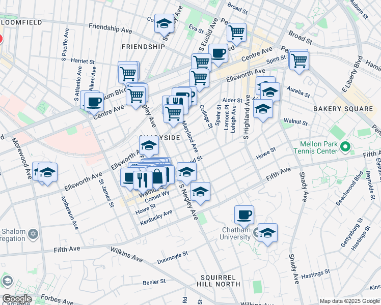 map of restaurants, bars, coffee shops, grocery stores, and more near 705 Summerlea Street in Pittsburgh