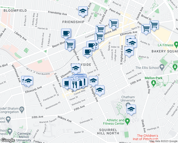 map of restaurants, bars, coffee shops, grocery stores, and more near 705 Summerlea Street in Pittsburgh