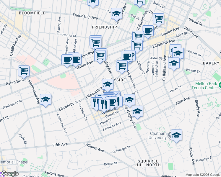 map of restaurants, bars, coffee shops, grocery stores, and more near 601 Filbert Street in Pittsburgh