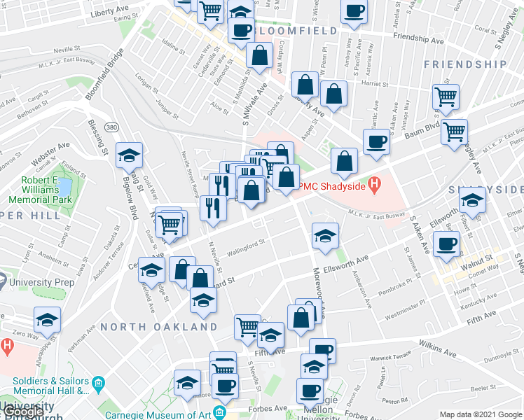 map of restaurants, bars, coffee shops, grocery stores, and more near 4815 Centre Avenue in Pittsburgh
