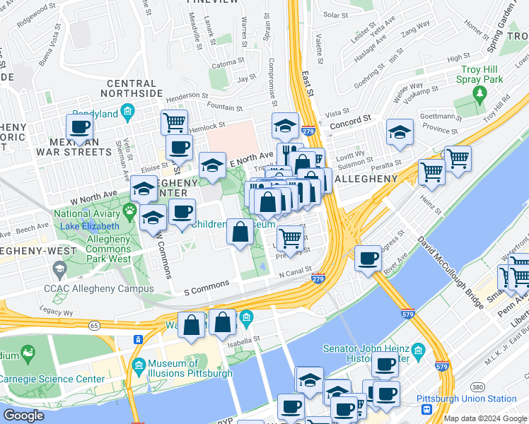 map of restaurants, bars, coffee shops, grocery stores, and more near 414 East Ohio Street in Pittsburgh