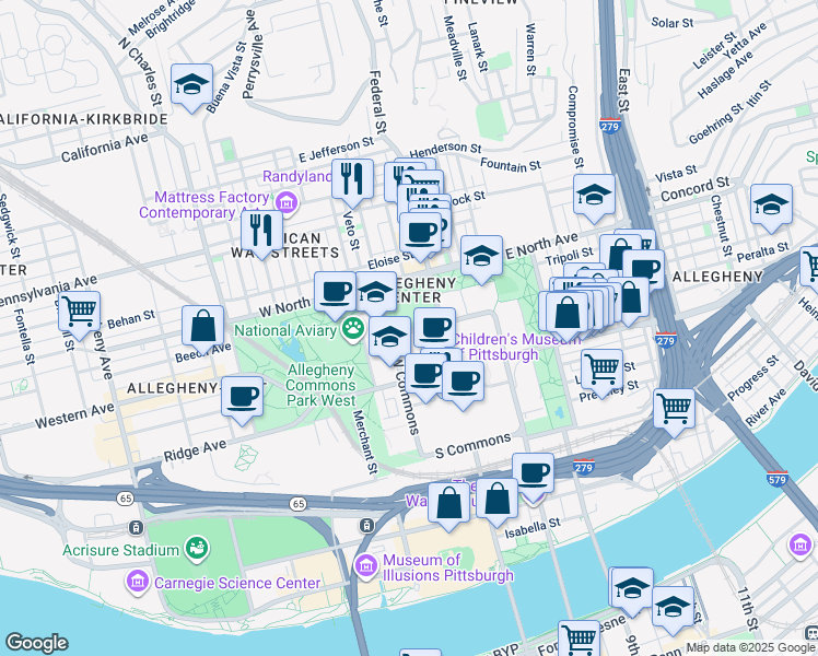 map of restaurants, bars, coffee shops, grocery stores, and more near 10 Children's Way in Pittsburgh