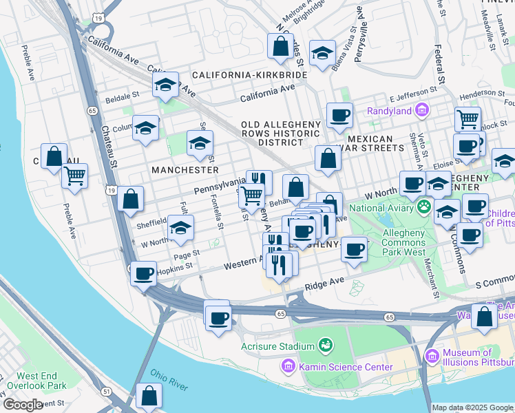 map of restaurants, bars, coffee shops, grocery stores, and more near 1106 Bidwell Street in Pittsburgh
