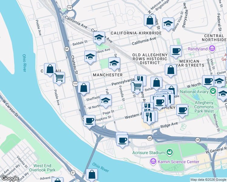 map of restaurants, bars, coffee shops, grocery stores, and more near 1219 Sheffield Street in Pittsburgh