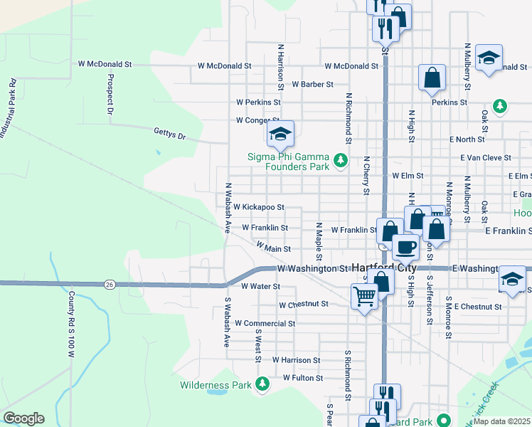 map of restaurants, bars, coffee shops, grocery stores, and more near 822 W Franklin St in Hartford City