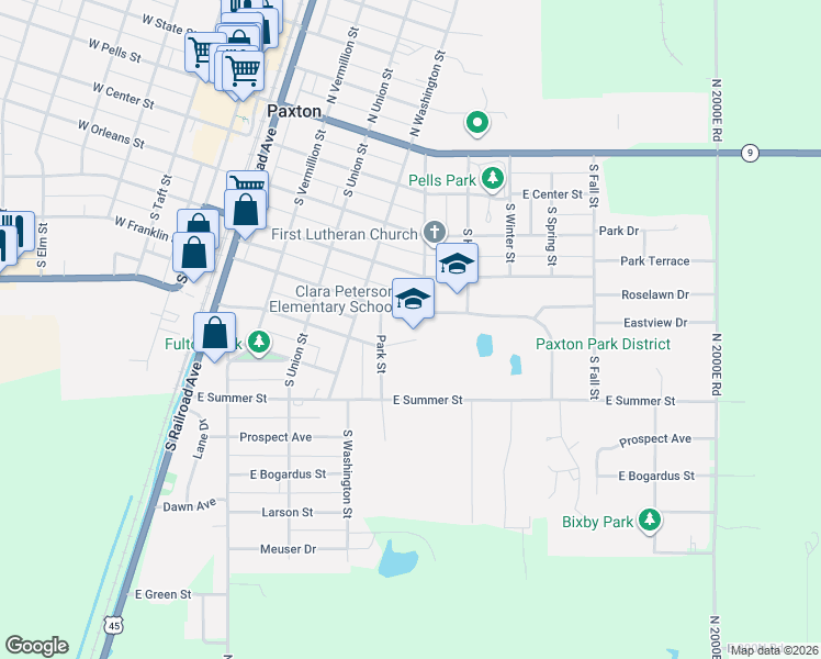map of restaurants, bars, coffee shops, grocery stores, and more near 580 East Franklin Street in Paxton