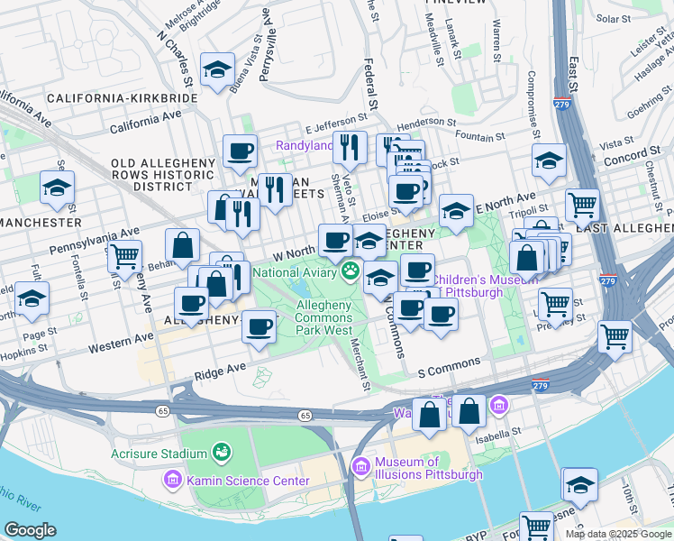 map of restaurants, bars, coffee shops, grocery stores, and more near 700 Arch Street in Pittsburgh