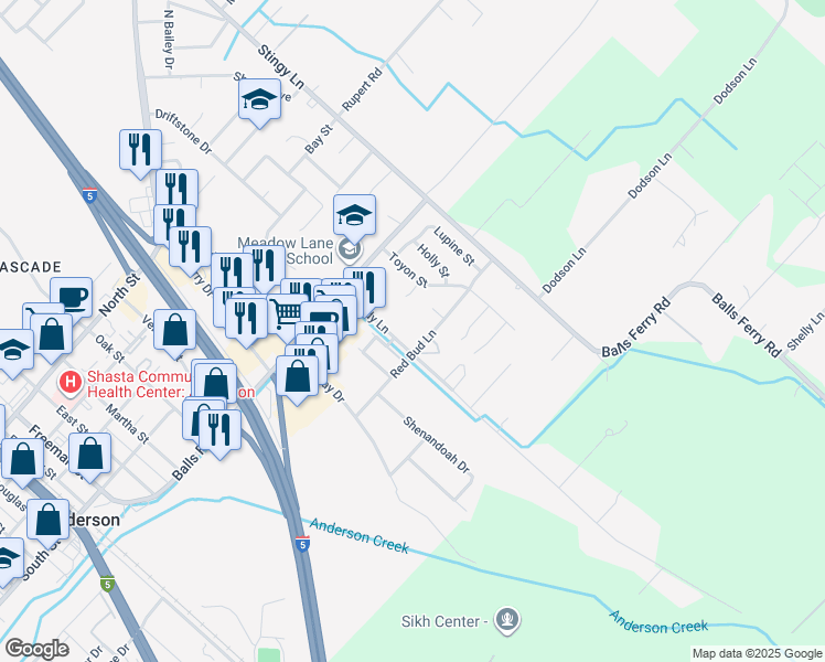 map of restaurants, bars, coffee shops, grocery stores, and more near 2600 Red Bud Lane in Anderson