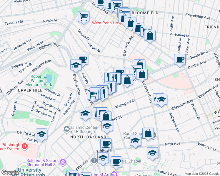 map of restaurants, bars, coffee shops, grocery stores, and more near 4712 Baum Boulevard in Pittsburgh