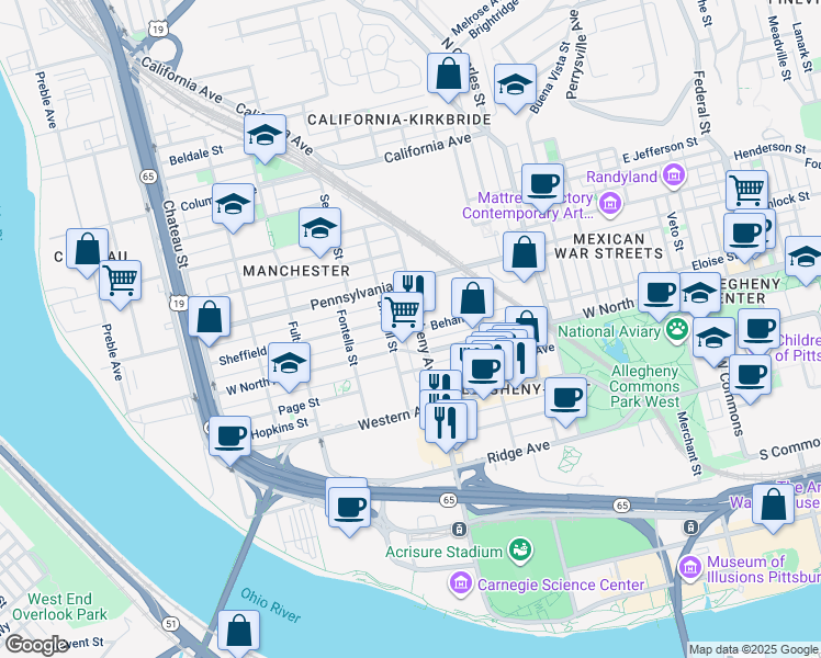map of restaurants, bars, coffee shops, grocery stores, and more near 1106 Bidwell Street in Pittsburgh