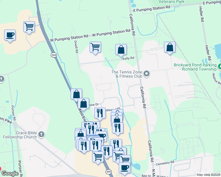 map of restaurants, bars, coffee shops, grocery stores, and more near 109 Cypress Drive in Quakertown
