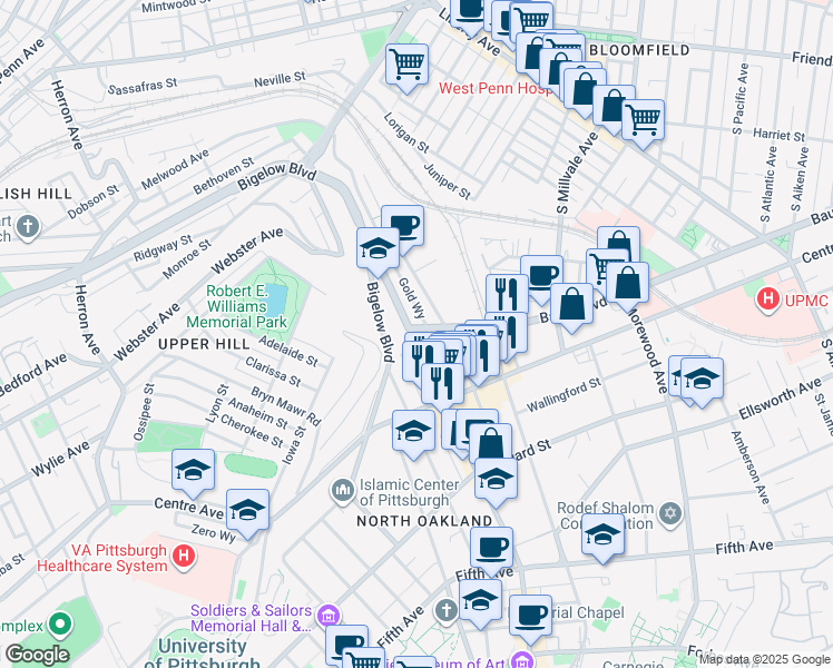 map of restaurants, bars, coffee shops, grocery stores, and more near in Pittsburgh