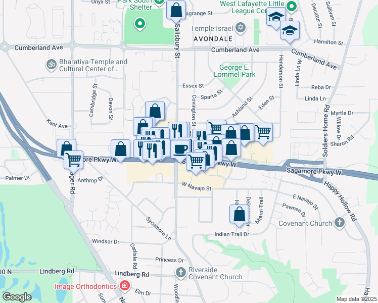 map of restaurants, bars, coffee shops, grocery stores, and more near 554 Sagamore Parkway West in West Lafayette