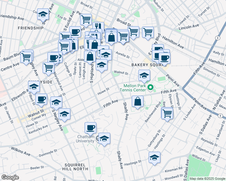 map of restaurants, bars, coffee shops, grocery stores, and more near 6211 Kentucky Avenue in Pittsburgh