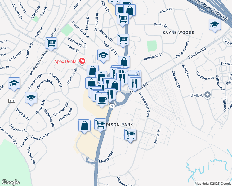 map of restaurants, bars, coffee shops, grocery stores, and more near 1091 U.S. 9 in Old Bridge