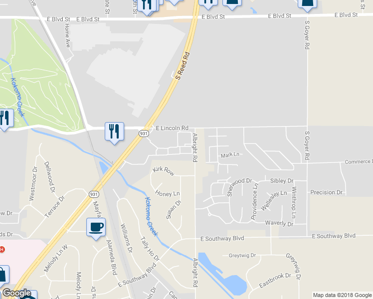 map of restaurants, bars, coffee shops, grocery stores, and more near 2701 Albright Road in Kokomo