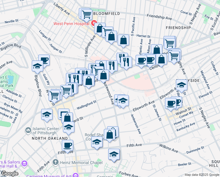 map of restaurants, bars, coffee shops, grocery stores, and more near 311 Morewood Avenue in Pittsburgh